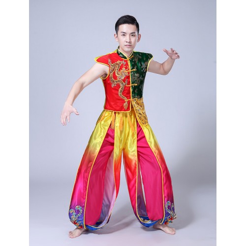 Rainbow color Chinese folk dance costumes for men dragon china style drummer stage performance competition yangko dancing tops and pants